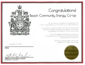 Certificate of Congratulations from Nathaniel Erskine-Smith, MP